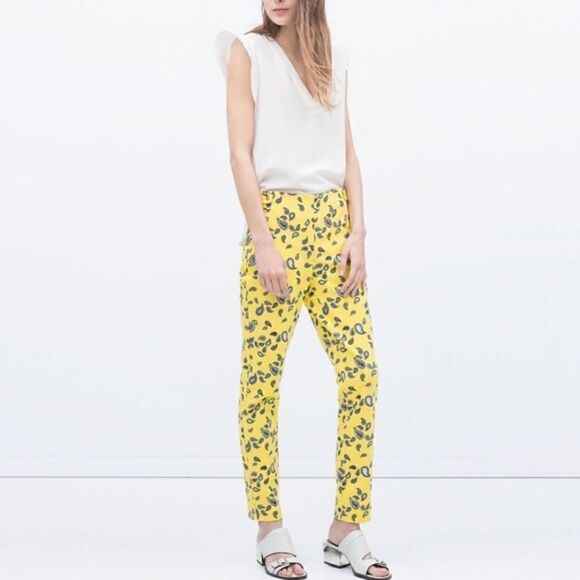 Zara Paisley Print Ankle Pants Yellow Blue 4 - Picture 5 of 11